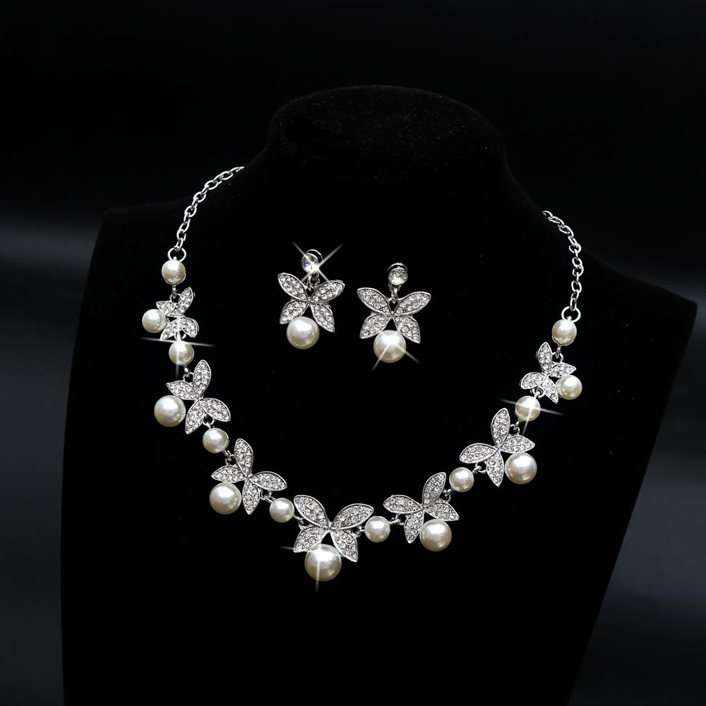 3pcs Soft Romantic Butterfly Imitation Pearl Inlaid Alloy Bridal Necklace Earrings Sweet Wedding Party Formal Wear Jewelry Set