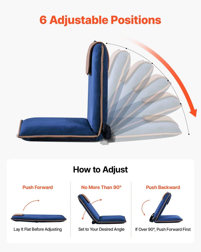 Floor Chair, 6 Adjustable Positions Folding Floor Gaming Chair with Back Support, Easy to Carry, Sturdy Metal Frame with Recycled Foam and Suede