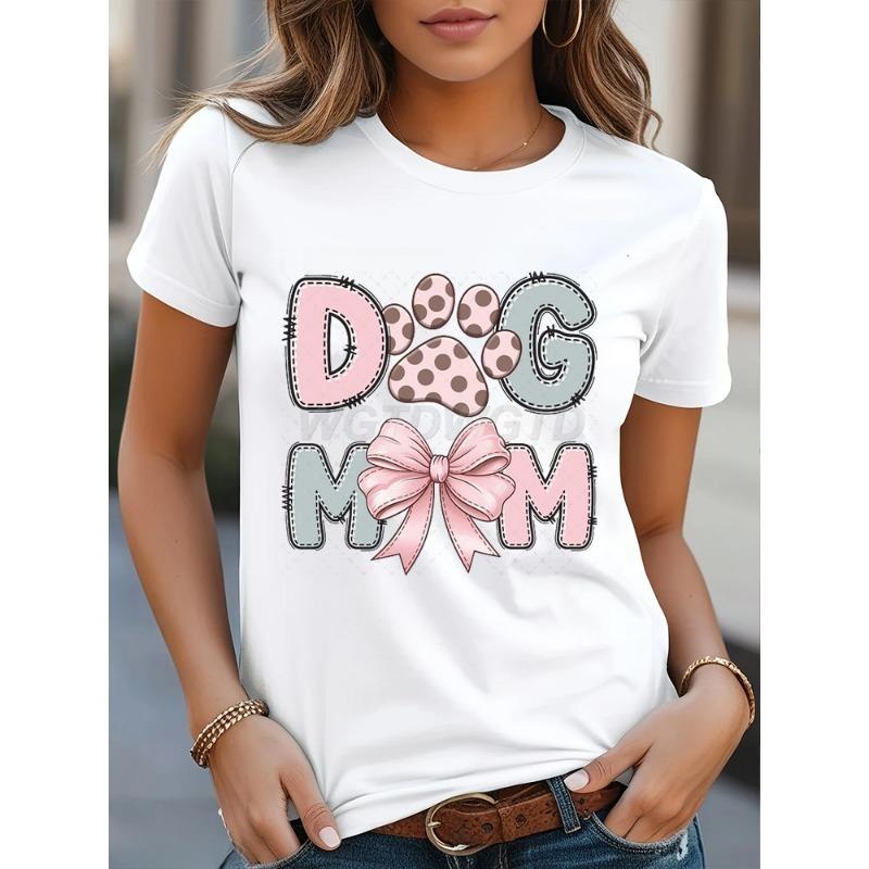 Dog Mom Graphic Crew Neck T-Shirt For Women CasualTee With Short Sleeves Pink Bow Paw Print Design Perfect For Mother's Day