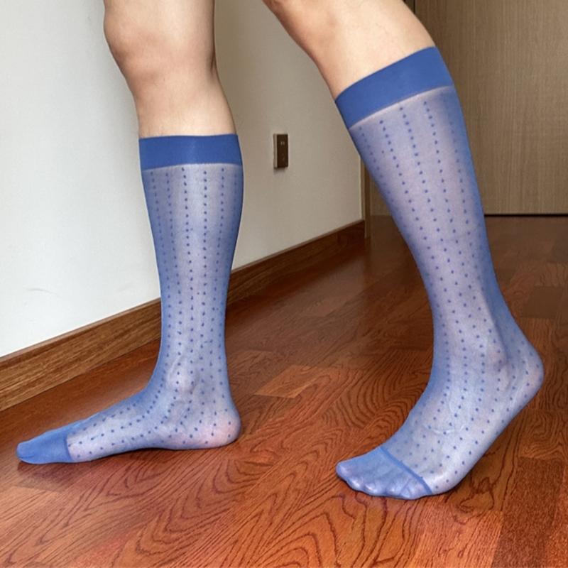 Men's Fashionable Sheer Over the Calf Long Socks Breathable See Through Dot Pattern Dress Suit Socks for Business Wear