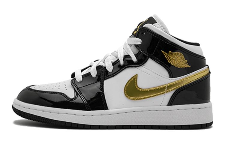 Jordan 1 Mid Patent Black White Gold GS BQ6931-007 37.5