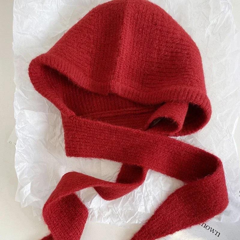 Korea Cute Women's Knitted Hood Scarf Little Red Hat Warm Ear Protection Cold Windproof Cap Winter Fashion Woolen Pullover Hat