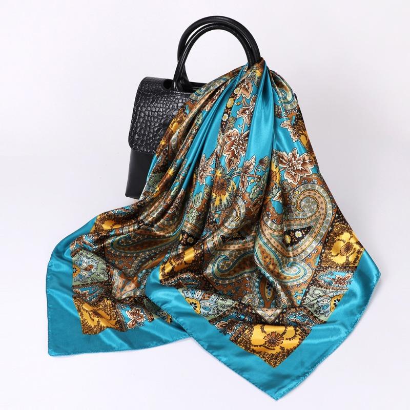 Versatile chain 90cm silk scarf square scarf high-end women's shawl retro printing satin bag headscarf