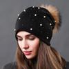 Women's Hat Natural Raccoon Fur Pompom Beanies Autumn Winter Warm Cotton Hats Rhinestone Fashion Caps for Women Multiple Styles