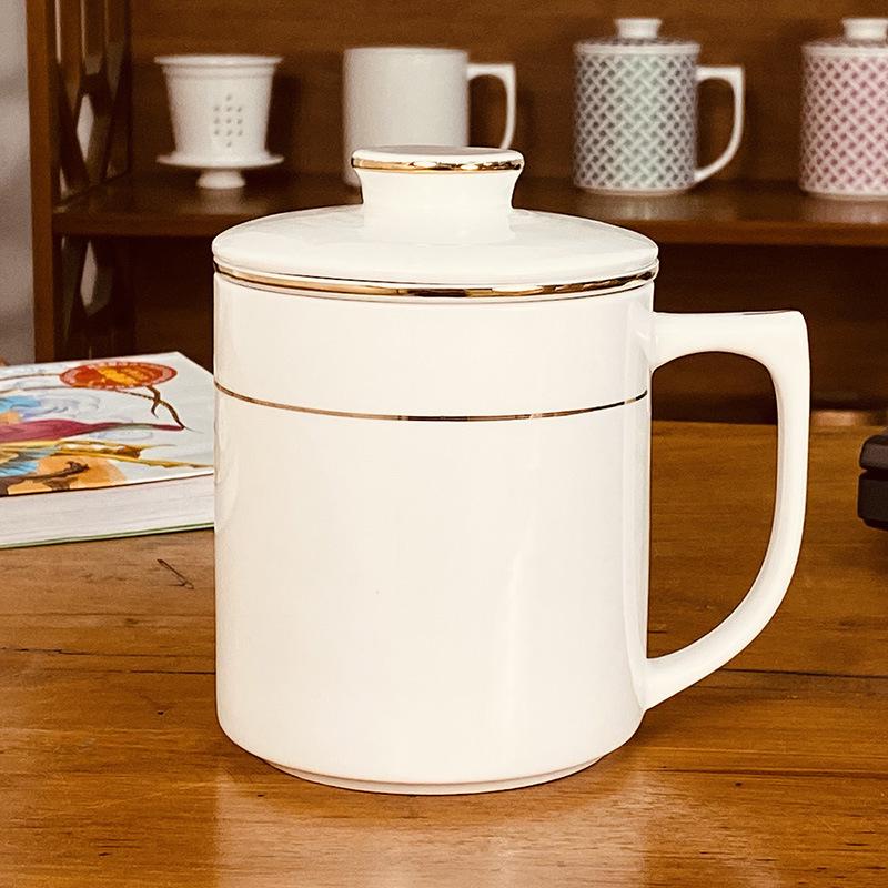 Gold Rim Ceramic Tea Strainer Cup with Lid and Mesh Filter