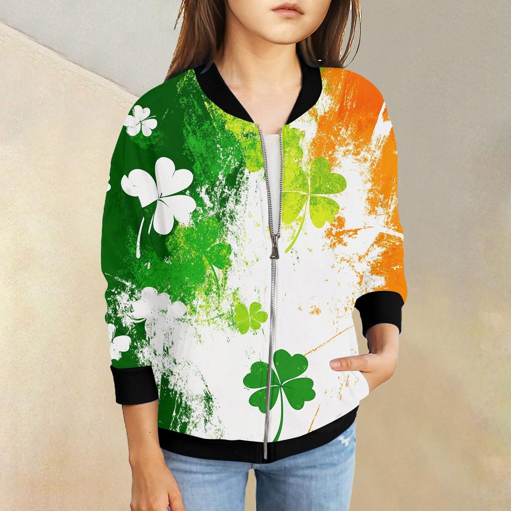 Dívčí bundy na zip Dětské podzimní mikiny s dlouhým rukávem Svrchní oděvy s kapsami St. Den svatého Patrika 5-15 let