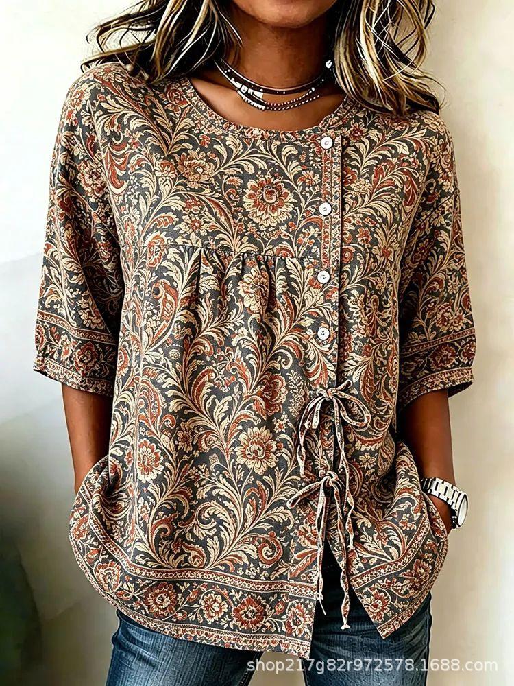 European and American summer new women's tops, shirts, geometric printing buttons, drawstrings, half-sleeved tops, T-shirts, women's clothing