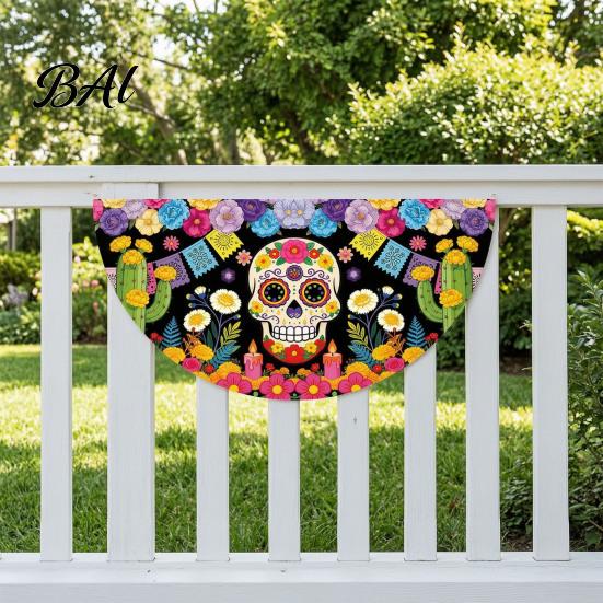 Sugar Skull Fan Flag Day of The Dead Bunting Banner, Marigold Print Fiesta Mexican Festival Home Ornament Hanging Flag, Colorful Outdoor Yard