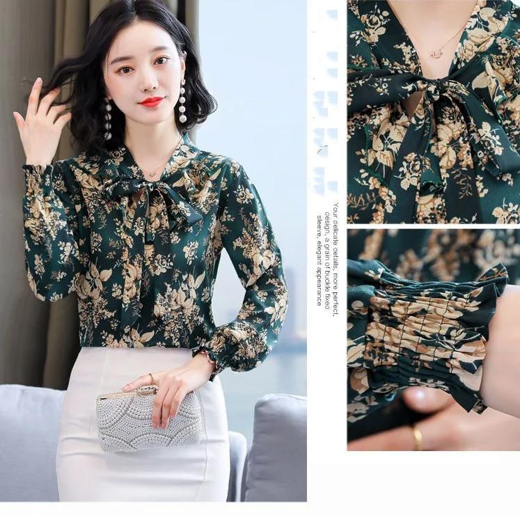 Floral Print Long Sleeved Chiffon Shirt for Women Spring Summer Mother's Top Scarf Collar Bow Bottoming Blouse M-4XL