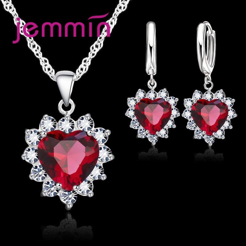 Top Sale Wding Engagement Anniversary Gift Zircon Sets 925 Copper Color Stamped Heart Pendant Hoop Earrings for Women Girls