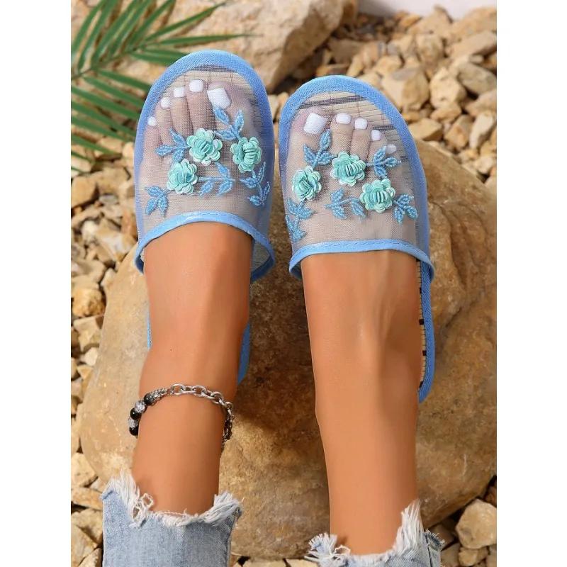 Pantoufles en maille de soie brodée et perlée pour la maison et l'intérieur, pantoufles légères, confortables et rétro pour femmes