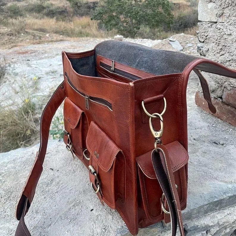 Bag Goat Messenger Leather Laptop Shoulder Briefcase Satchel Brown Men's