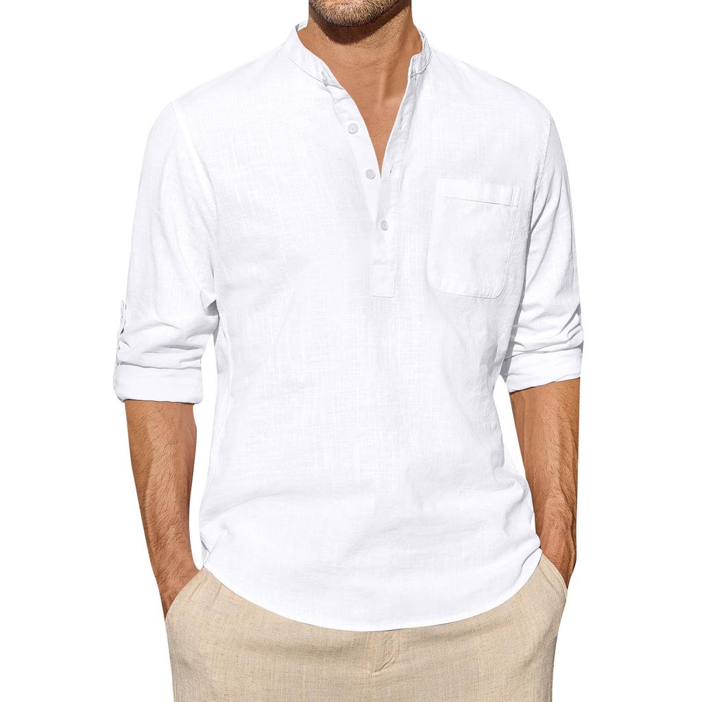 Designer Spring Summer Men's Casual Cotton Linen Solid Color Long Sleeve Shirts Loose Stand Collar Shirts