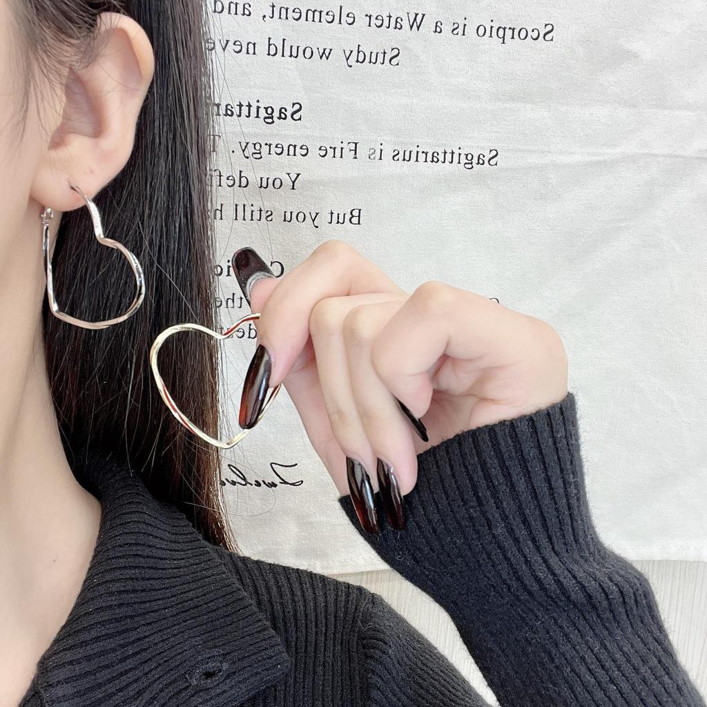 Large Geometric Heart Silver Earrings for Women - Elegant, Simple, European & American Style