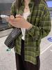 Women’s Retro Green Plaid Shirt Jacket - Korean Style, Loose Fit, Casual Long Sleeve for Spring and Autumn