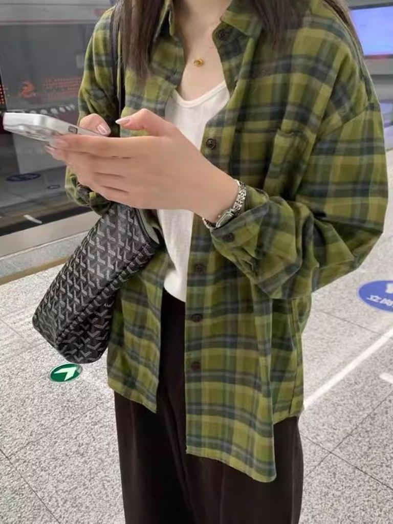 Women’s Retro Green Plaid Shirt Jacket - Korean Style, Loose Fit, Casual Long Sleeve for Spring and Autumn