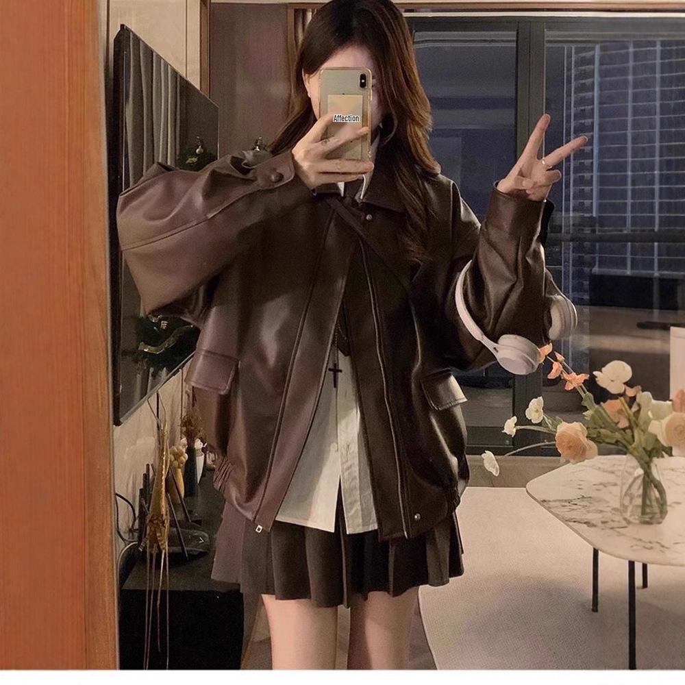 Autumn Korean Style Women's Brown Leather Motorcycle Jacket - 2025 New Spicy Cool Long Sleeve Loose Fit