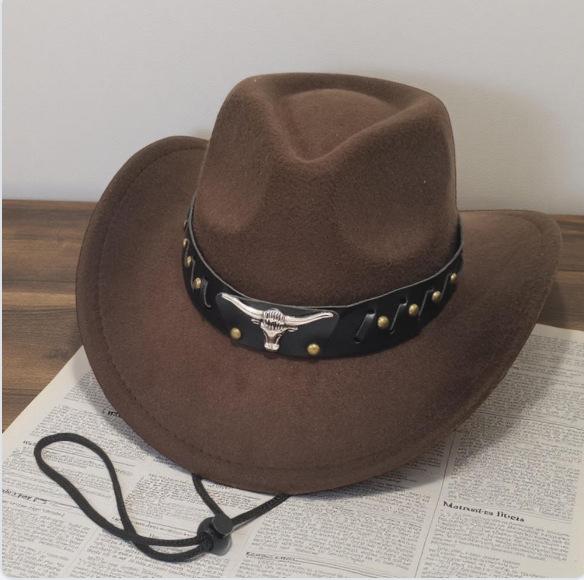 Western Suede Upturned Edge Western Cowboy Hat Men's and Women's Outdoor Travel Hat Rolled Brim Ethnic Style Top Hat Felt Hat