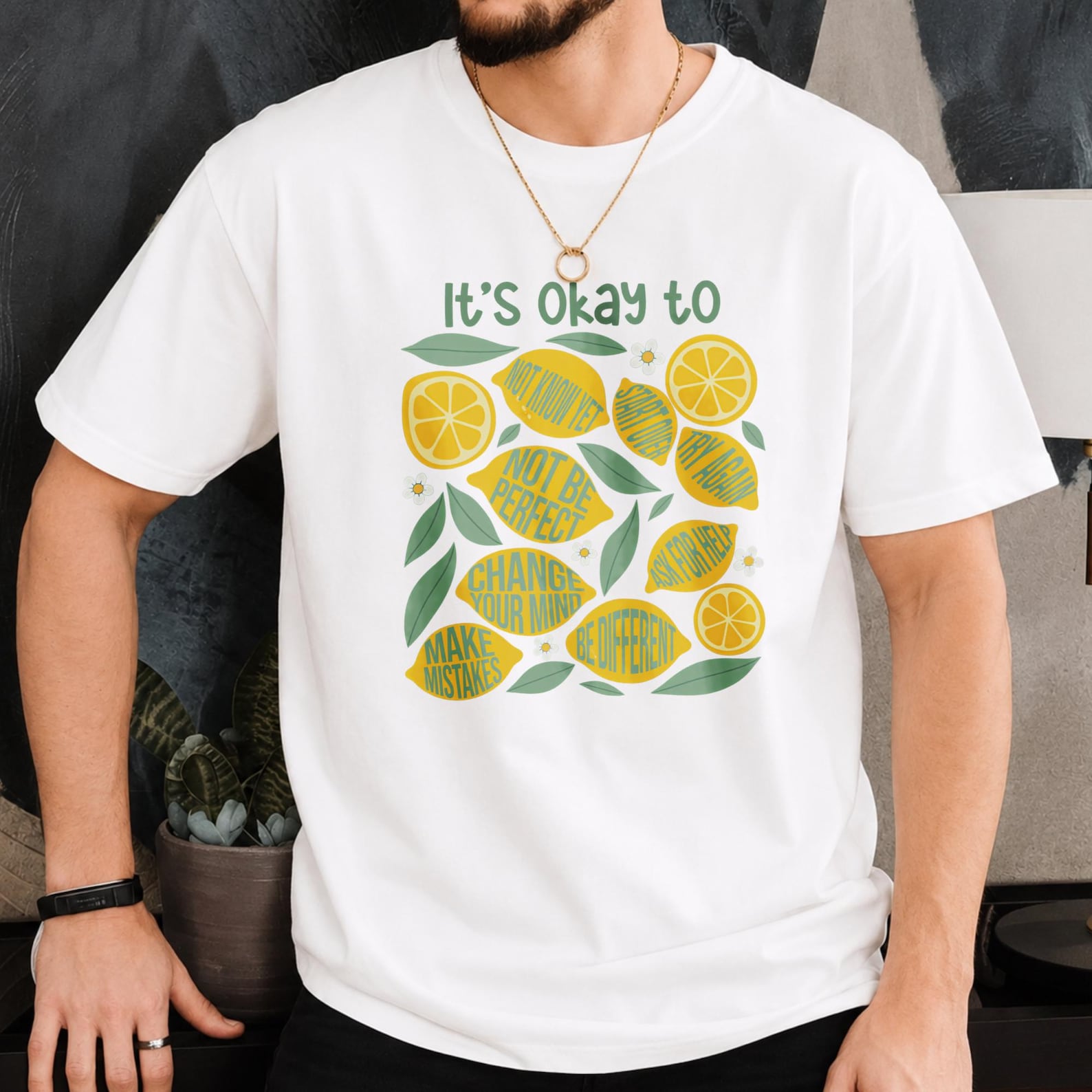 It’s Okay To Make Mistakes Lemon Leaf Graphic Tee, Yellow Citrus Fruit Floral White Cotton Top, Mental Health Positive Mind Casual Shirt L