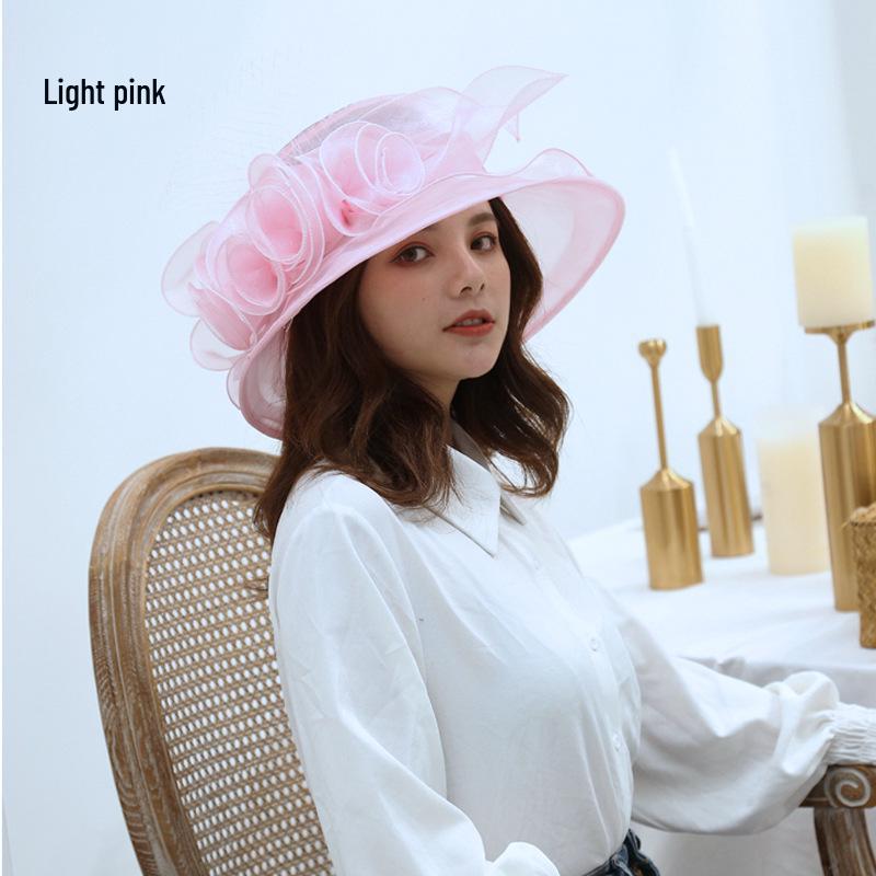 Damen Vintage Sonnenhut mit breiter Krempe und Organzablumen