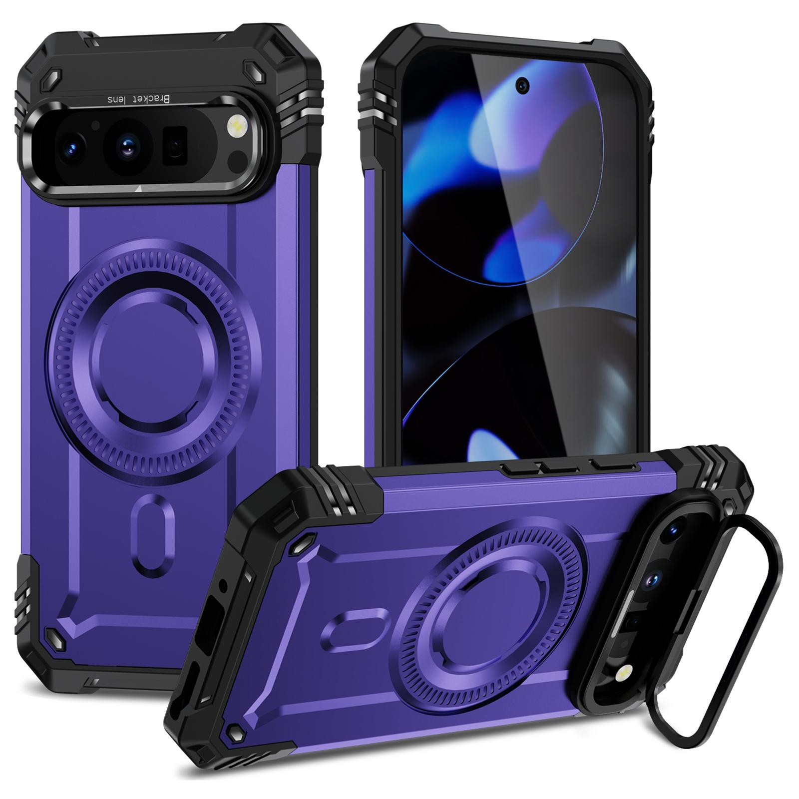 

For Google Pixel 9/9 Pro Magnetic Case Metal Lens Frame Kickstand PC + TPU Mobile Cover H