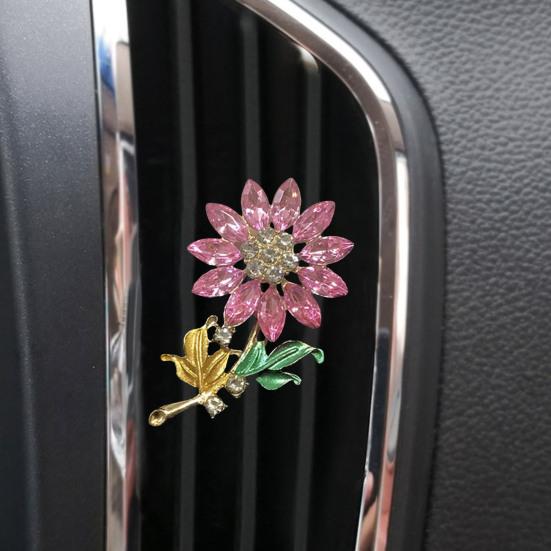 Blomst Luftfrisker Bilklemme Universell Enkel Installasjon Bling Falsk Krystall Solsikke Bildiffusor Ventilasjonsklemme Auto Interiørdekor