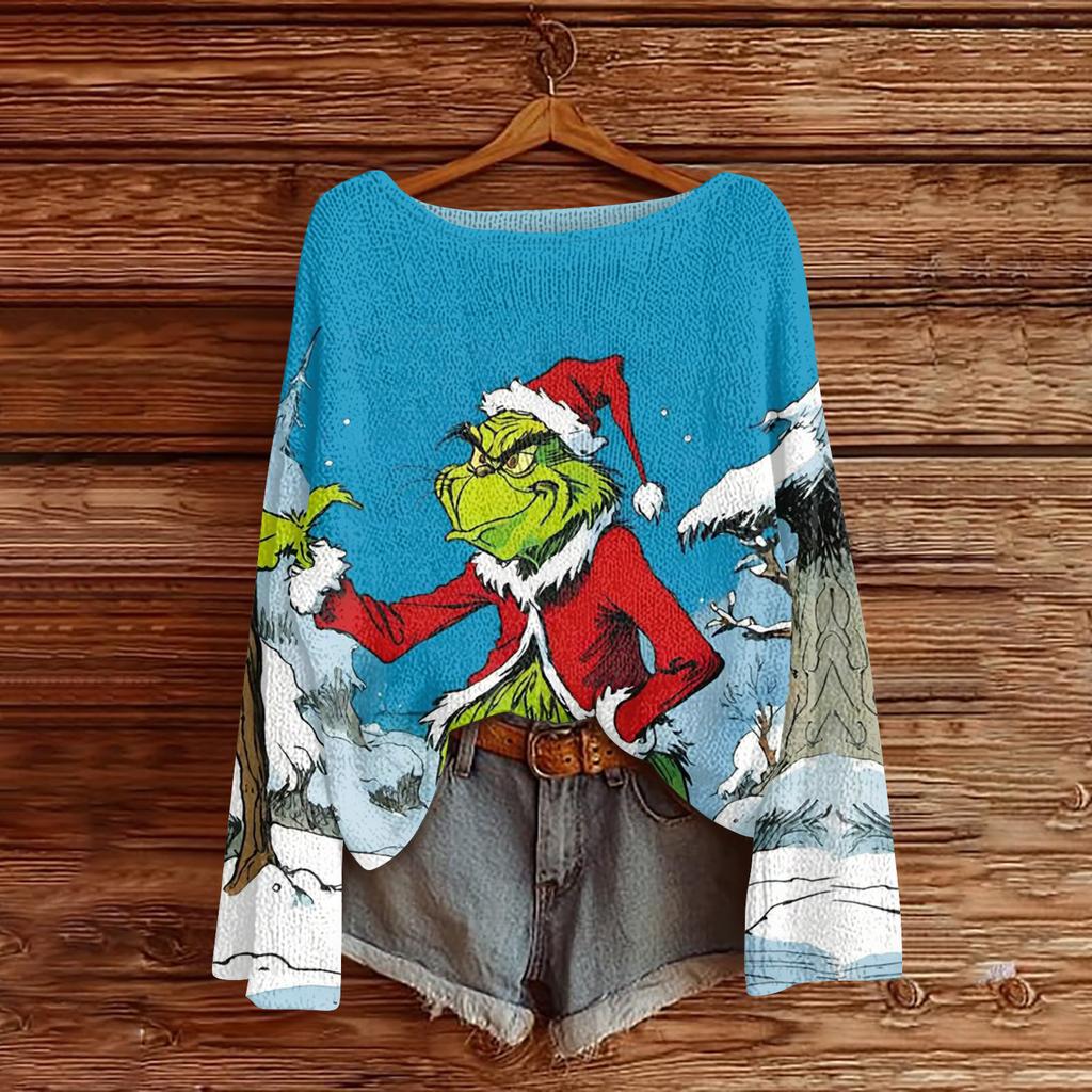 Women's Fashion Round Neck Long Sleeve Christmas Print Casual Knit Pullover Top