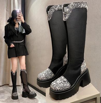 Moda Verano Bordado Malla Botas Altas de Caballero Suela Gruesa Huecas Boca en V Plataforma Alta 9CM Botas Moda Calle Chunky Zapatos de Mujer