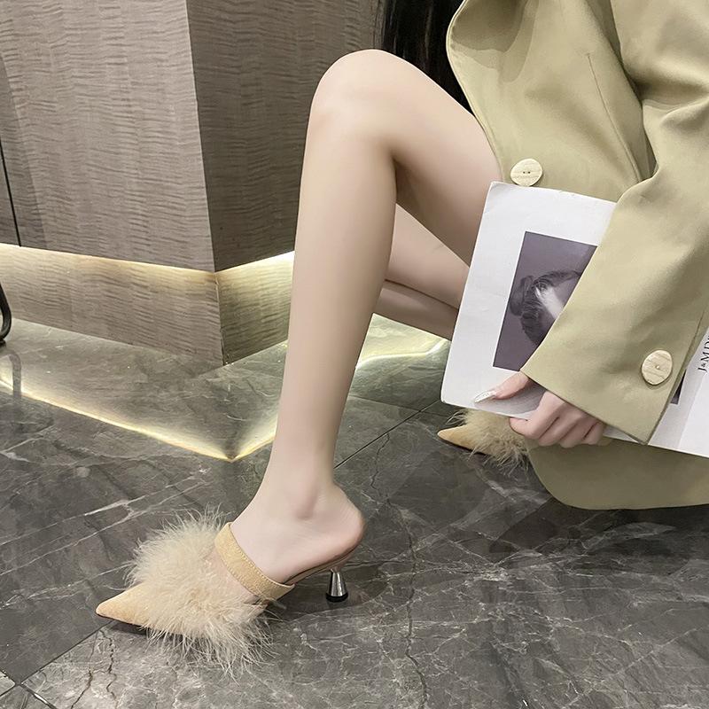 Mao Mao Sandals 2024 New High-heeled Cool Slippers Women's Fashion Wear Pointed Thin Heel Bag Head Muller Half Slippers Women