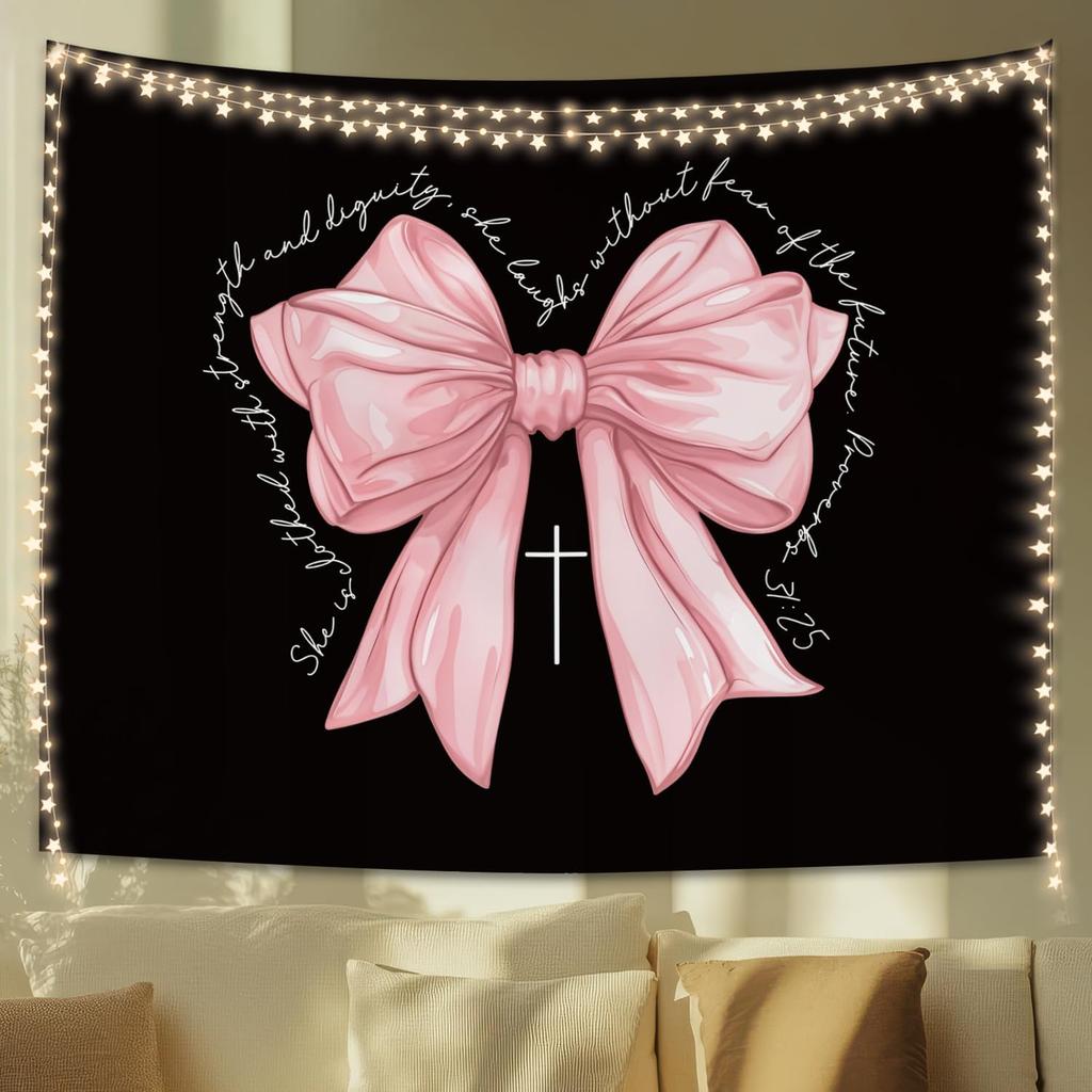 Rosa Schleife Christliches Wandteppich Coquette Religiöse Wandkunst Niedliche Girly Dekoration für Schlafzimmer Wohnheim Kirche 50x60 Zoll