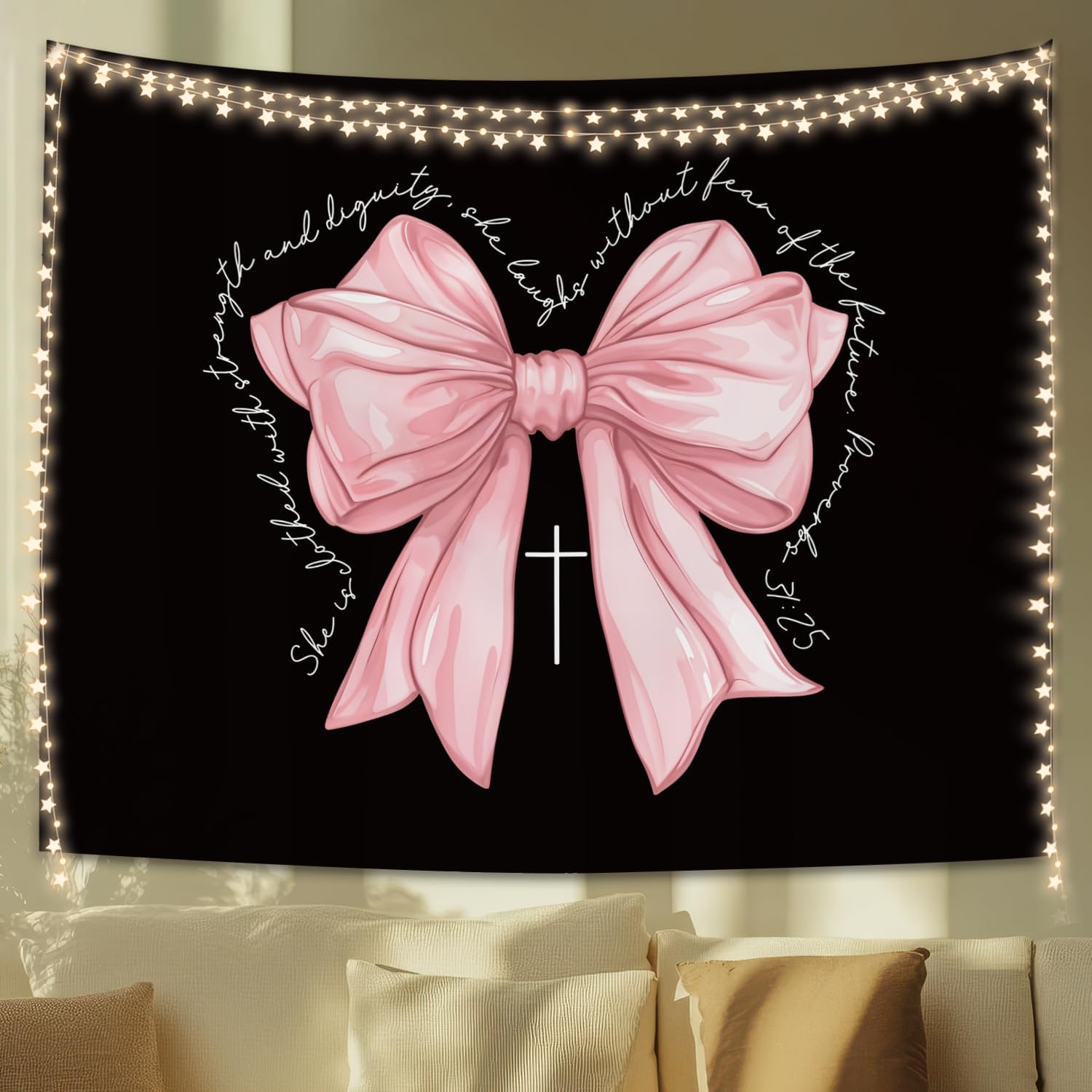 Pink Bow Christian Tapestry  Coquette Religious Wall Art Cute Girly Decor for Bedroom Dorm Church 50x60 Inches 74x94cm(29x37in)