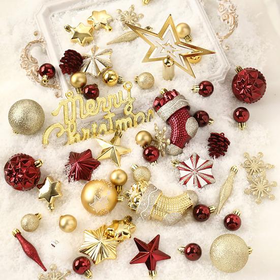 70Pcs/Box Assorted Merry Christmas Ornament Shatterproof Xmas Ball Star Tree Topper Hanging Stocking Snowflake Holiday Party Decoration
