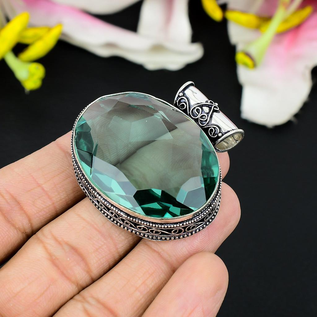 Aqua Apatite Gemstone Handmade 925 Steling Silver Jewelry Pendant 1.46" KG-321