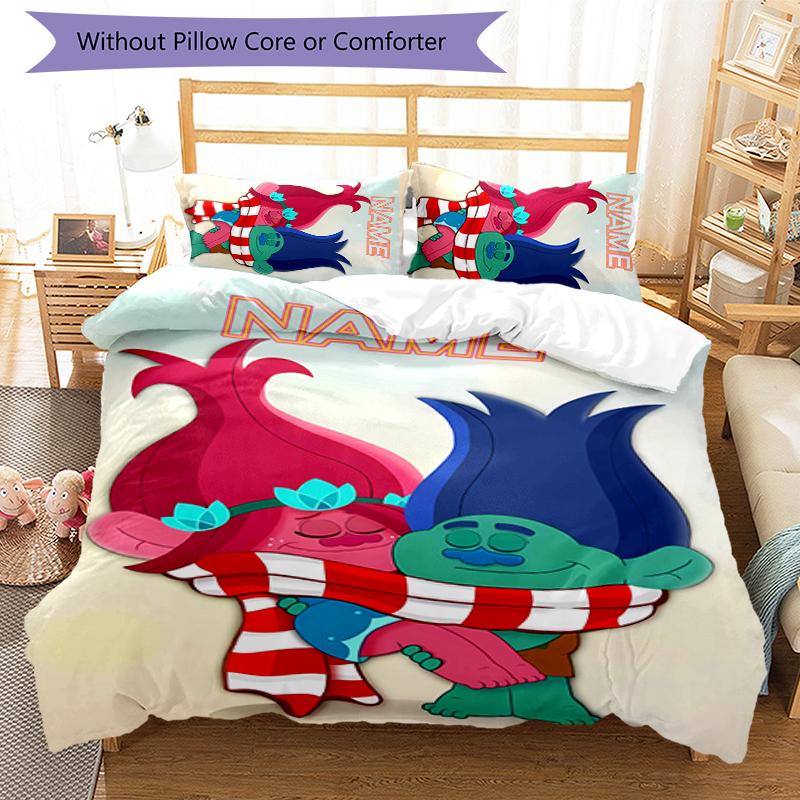 3pcs Custom Name Trolls Bedding Set Duvet Cover Closure Includes 1 Duvet Cover & 2 Pillowcases for All Seasons Bedroom Decor