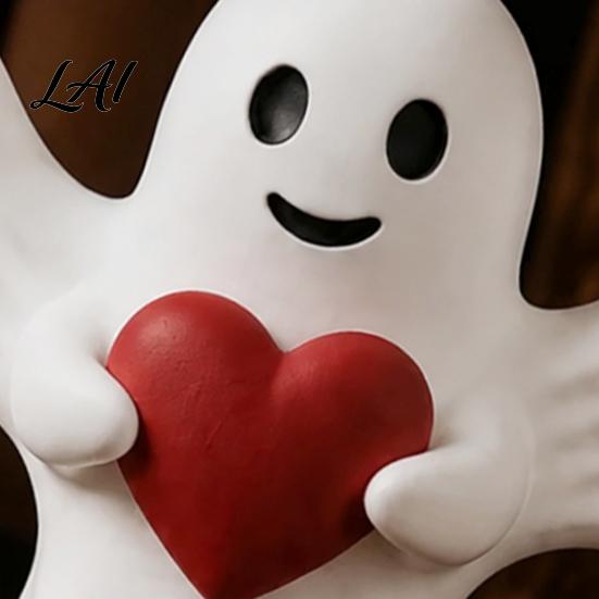 Decorative Sculpture for Office Angel Ghost Statue Smiling Holding Heart Figurine Cute Romantic Valentine Day Gift Halloween Valentine's Home Table