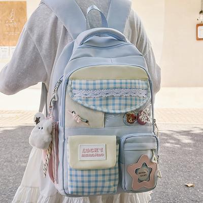 Plaid Backpack Junior High School Student Lightweight Schoolbag Color Block Large Capacity Backpack