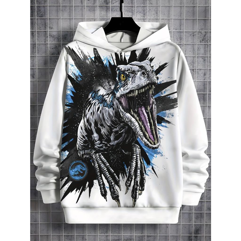 Boy Dinosaur Hoodie with Tyrannosaurus Rex and Velociraptor Patterns - Durable Digital Dinosaur Pattern