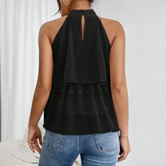 Women Tops Halter Neck Sleeveless Solid Color Pullover Tops Multi Layer Ruffle Hem Commuting Style Short Tops