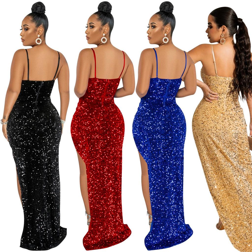 X5843 Europejska i Amerykańska Sukienka z Cekinowej Siateczki na Ramiączkach Spaghetti z Nieregularnym Rozcięciem dla Kobiet