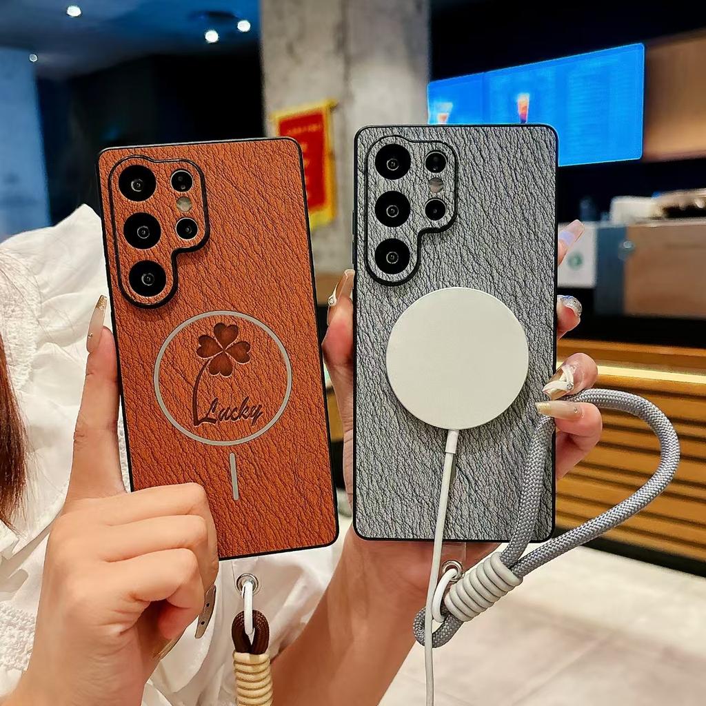 Samsung S25ULTRA Four-leaf Clover Mobile Phone Case S24FE Leather Pattern Magnetic Absorbing Model Full Pack S23p Anti Fall