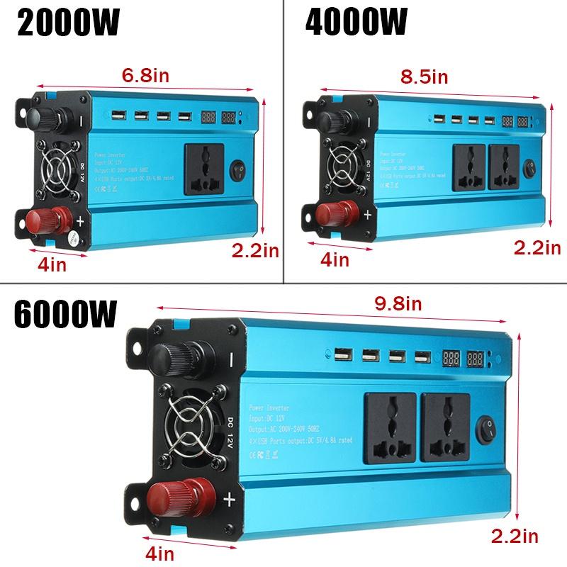 2000/4000/6000W 4USB Inverter Voltage Transformer Converter Solar Inverter DC 12V to AC 220V 50Hz LED Display Inverter+Socket