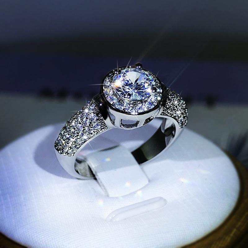Silver Classic Gypsophila Inlaid With Large Zircon White Crystal Ring For Women Party Wedding Engagement Cubic Zirconia Ring