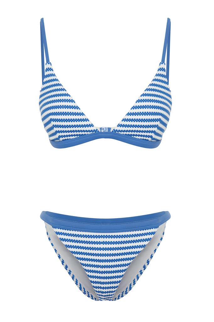Women's New Season Bikini Set White-Blue Striped Triangle Textured Regular Bikini Set