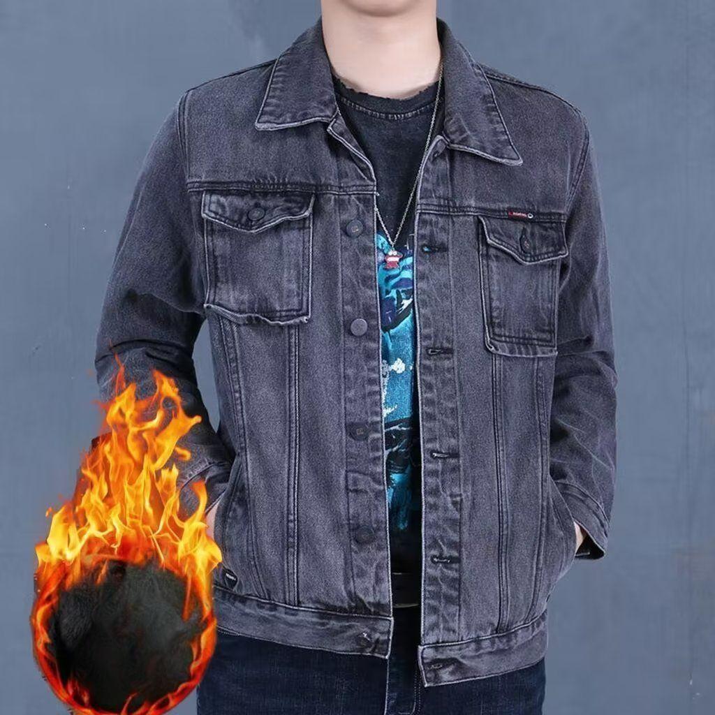 Lapel Casual Jacket Denim Jacket Men's Autumn and Winter Plus Velvet Thickening Clothes Tide Brand