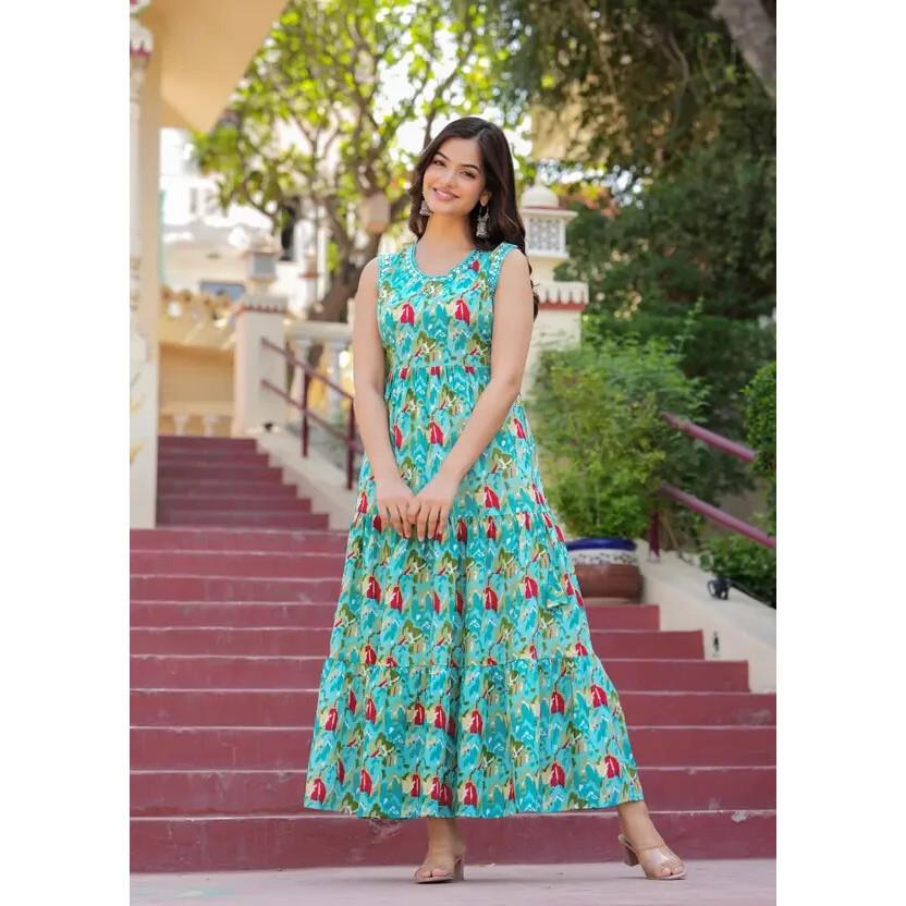 Women Bollywood Anarkali Printed Cotton Rayon Flared Kurta Gown Designer Dress SC-2142