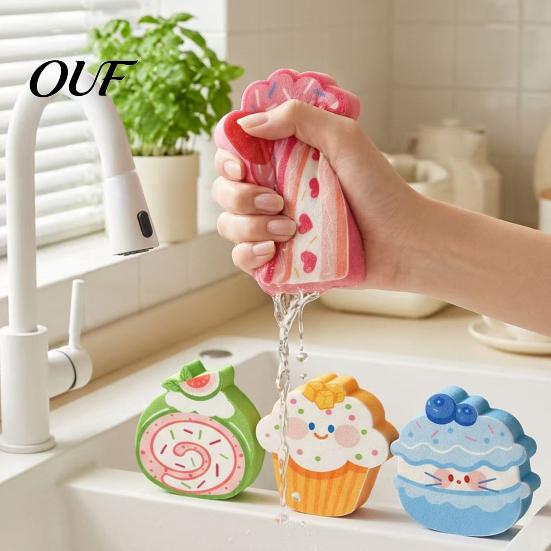 Quick Drying Kitchen Sponge Double-Sided Cellulose Scrub Sponges, Cute Dessert Patterns Non-Scratch Wood Pulp Sustainable Household Cleaning