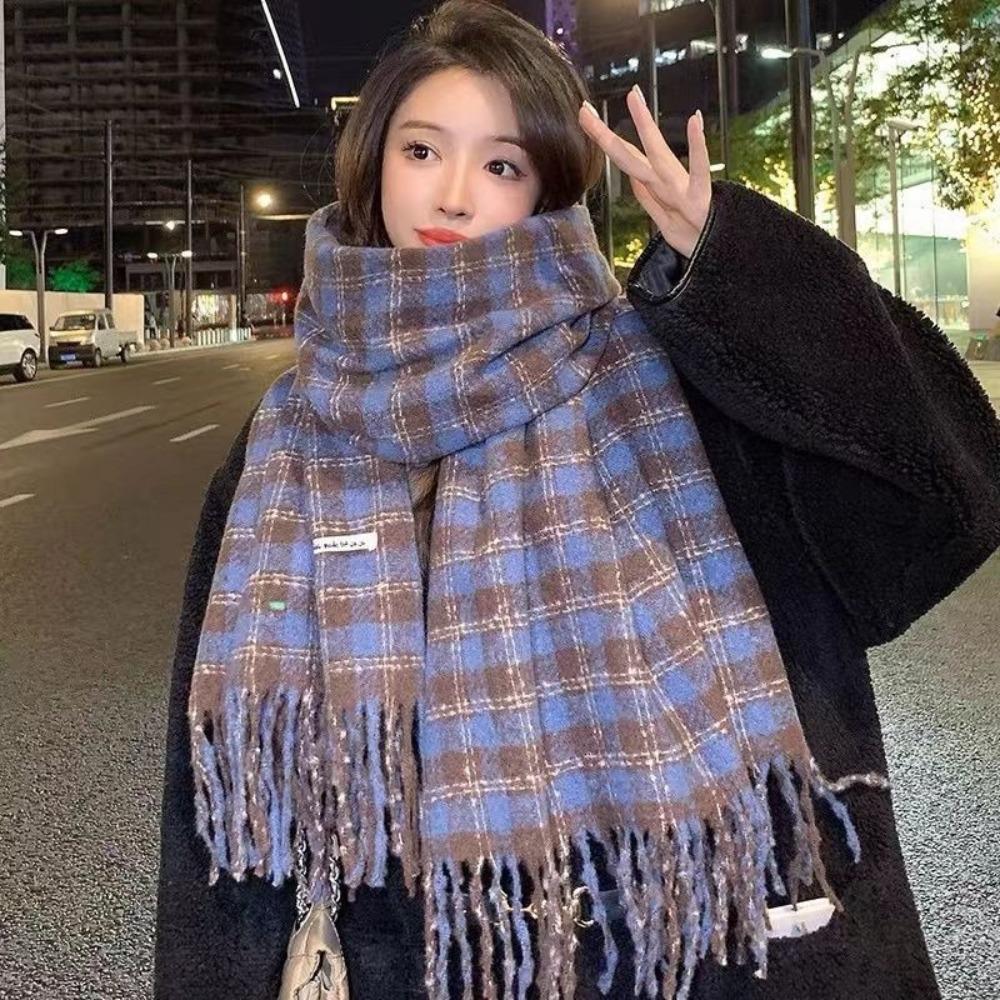 Tassel Winter Cashmere Scarves Plush Long Shawl Retro Plaid Wool Scarf  Autumn