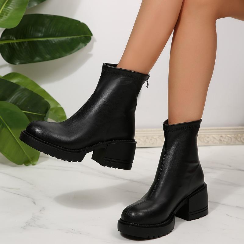 Women Fashion Boots Round Toe Platform Sole Square Heel Back Zipper Short Boots Retro All-match Waterproof Platform Autumn Boots