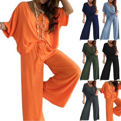 Women  V Neck Short Sleeve Wide Leg Pants  2 Piece Sets