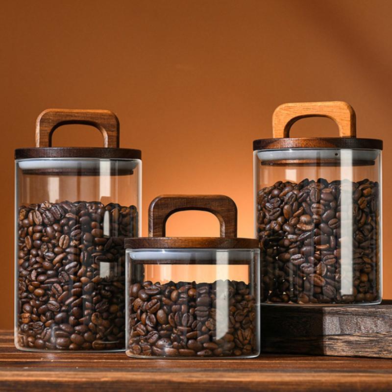 Holzdeckel Glasbehälter Luftdichter Behälter Lebensmittelbehälter Tee Kaffee Bohnen Küchenaufbewahrungsflaschen Glas Versiegelt Gemahlen Süßigkeitenglas